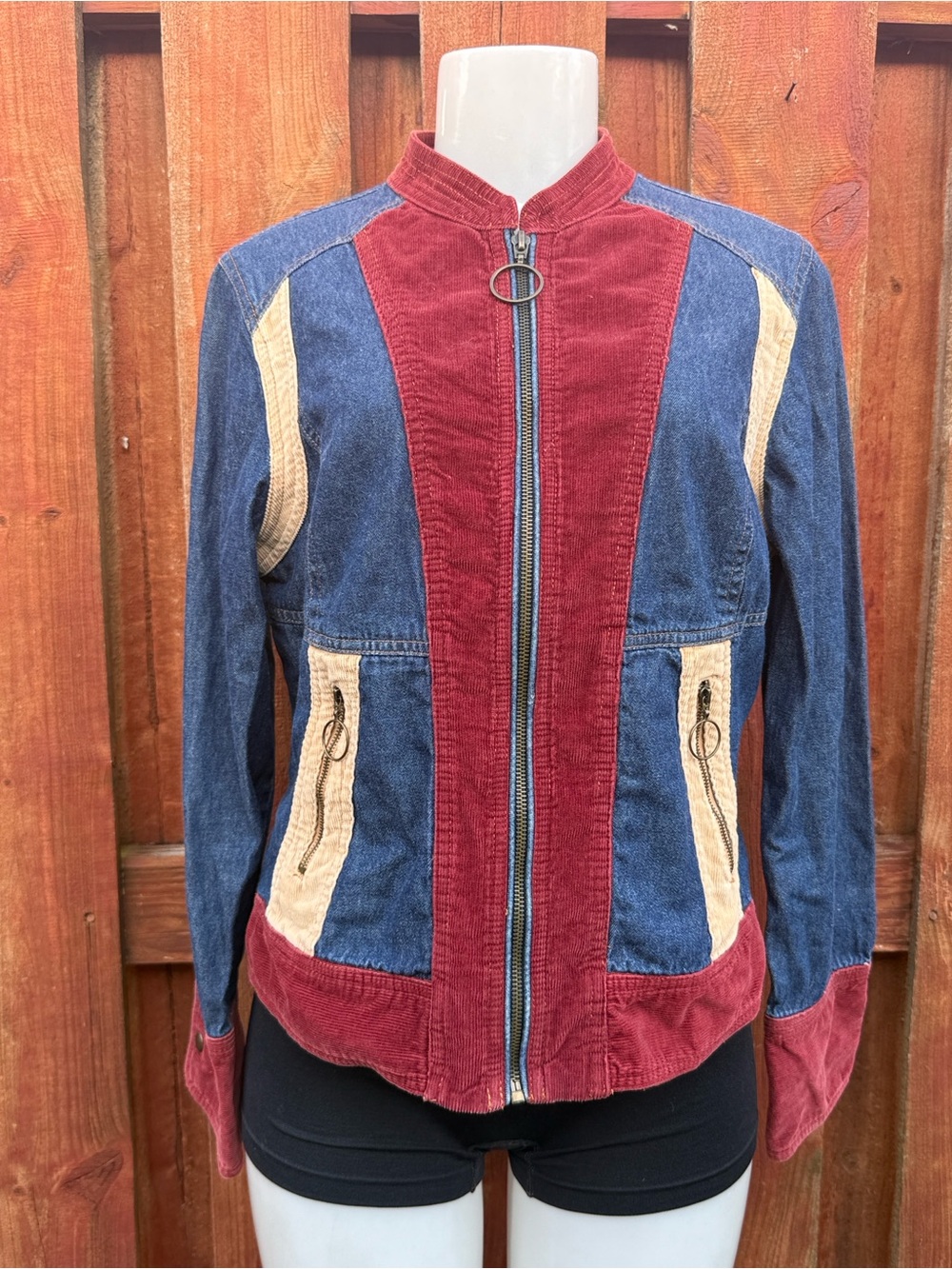 Vintage Forenza Denim Corduroy Colorblock Jacket Patchwork Bomber O Ring Zip 10